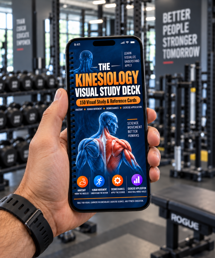 Kinesiology Visual Study Deck displayed on a smartphone in a gym