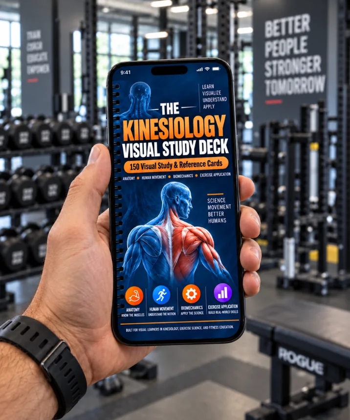 Kinesiology Visual Study Deck displayed on a smartphone in a gym
